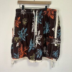 Men’s No Boundaries Swim Trunks Brown Floral Outline – Size XL (40/42)